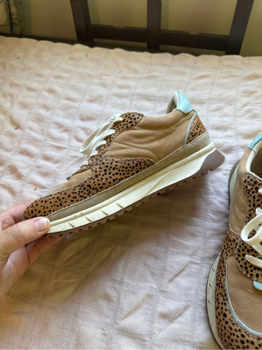 Madewell Tan CheetahPrint Sneakers with Cream Laces and Light Blue Trim No tread - Picture 4 of 6